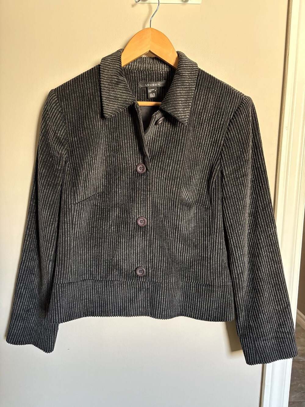 Louben Women's Charcoal Grey Corduroy Three-Button Blazer, Size 8